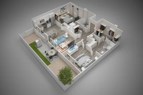 Horizon 2-bedroom floorplan. The front entryway introduces a hall on the right side with the guest bath and laundry closet and 2nd bedroom. From the entrance you can view the living area where there is entry into the primary room on the left and kitchen on the right. The primary room has a shower, water closet, and single sink vanity with extra counter space. The kitchen has an island for built in seating that can fit 4-6 people. the living area introduces the back door to the private backyard which comes fully equipped with turf area gravel, and pavers as well as a tree.