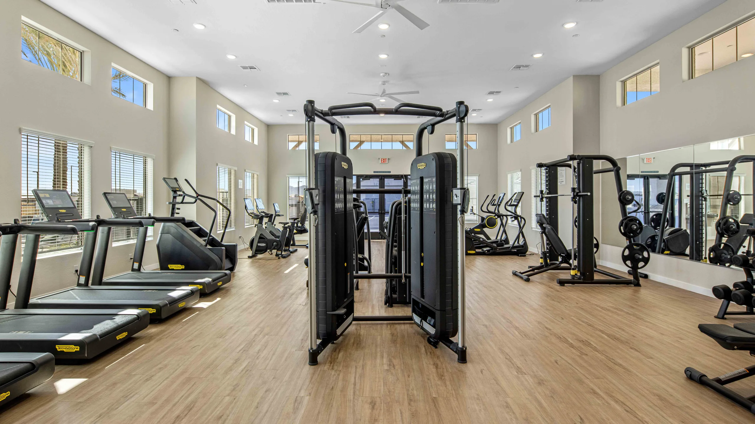 Onsite gym at Yardly Paradisi, new homes that are pet- friendly for rent with backyards near Phoenix AZ.